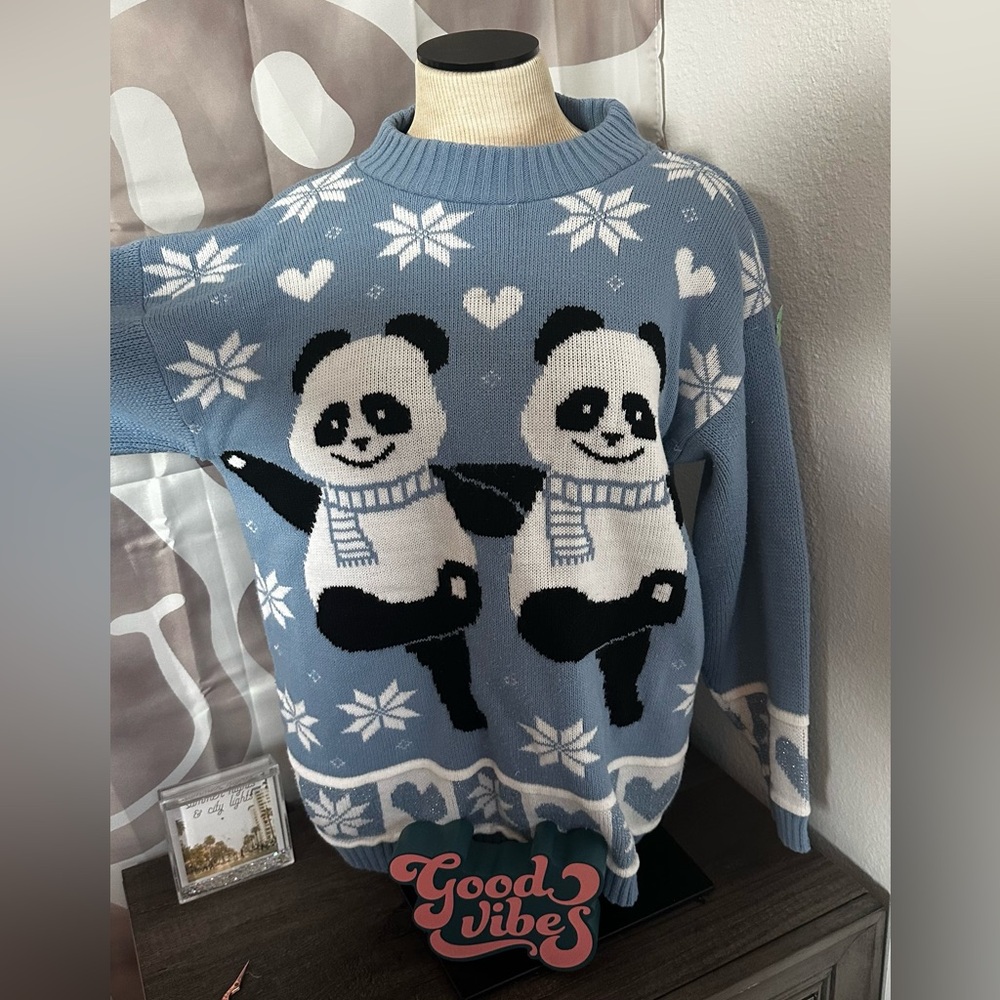 Cozy Blue Crewneck Sweater With Panda And Snowflake Design